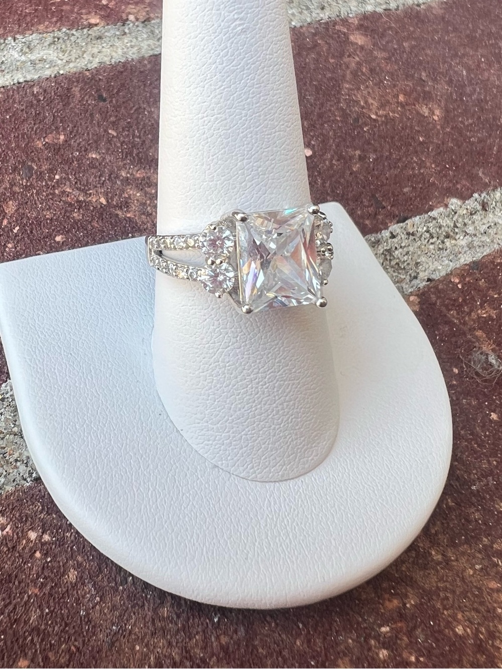Vintage CZ Princess Cut Statement Ring Silver Tone Size 8/9 Glam